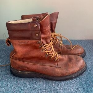 Cabelas Mens 10 D Brown Leather Insulated Work Boots Vibram Sole Lace Up